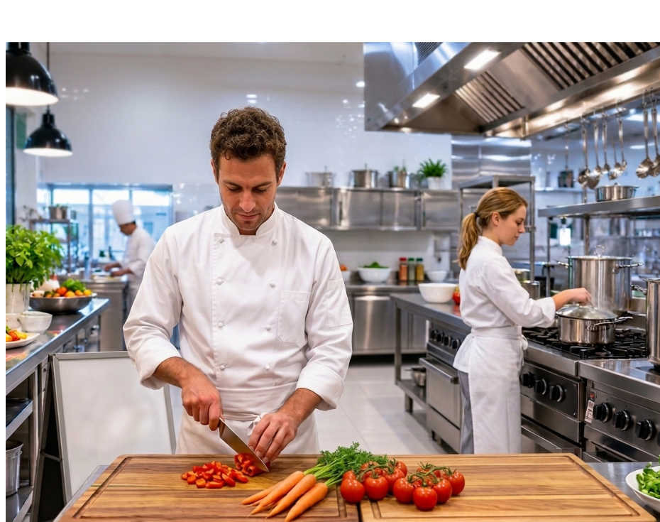 Two main chefs are doing a food prep in a hygienic environment.