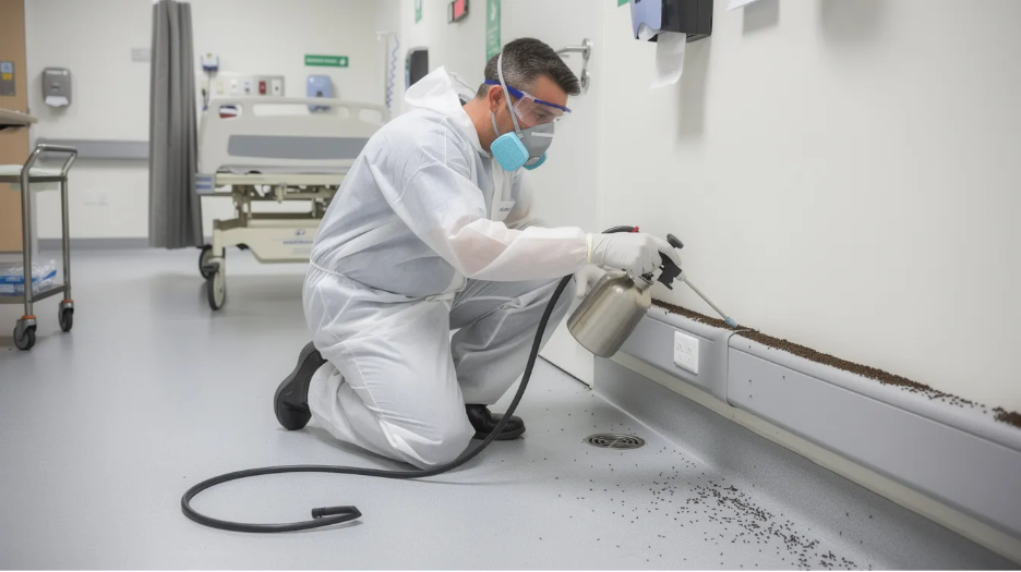 Pest technician with pest killer tools to sanitize in the hospital ward.