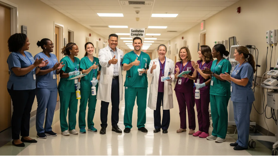 A group of healthcare supervisors and medical staff are smiling