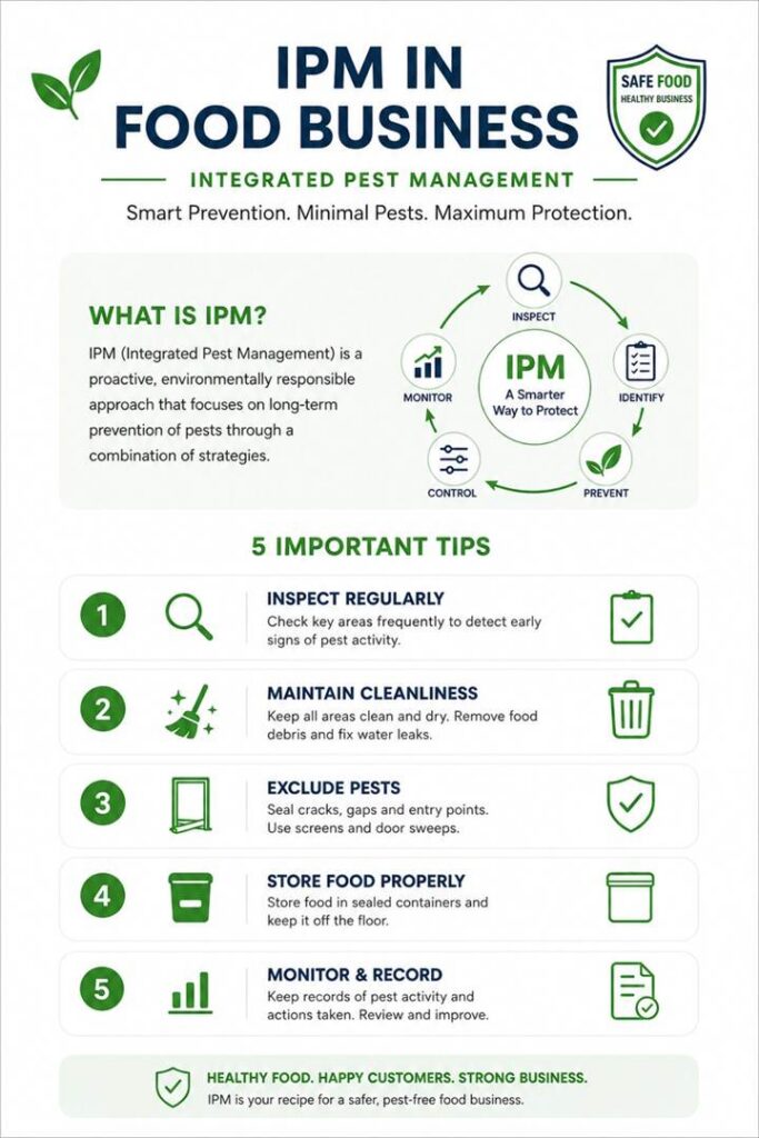 the infographic of IPM for food businesses with 5 important tips.