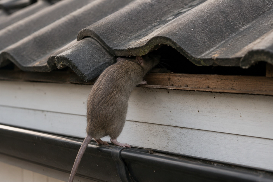 This image describes that a rat tries to enter the roof voids between the gaps.  