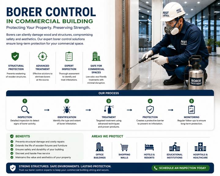 An infographic image of a pest technician performing structural pest control, in the borer species.