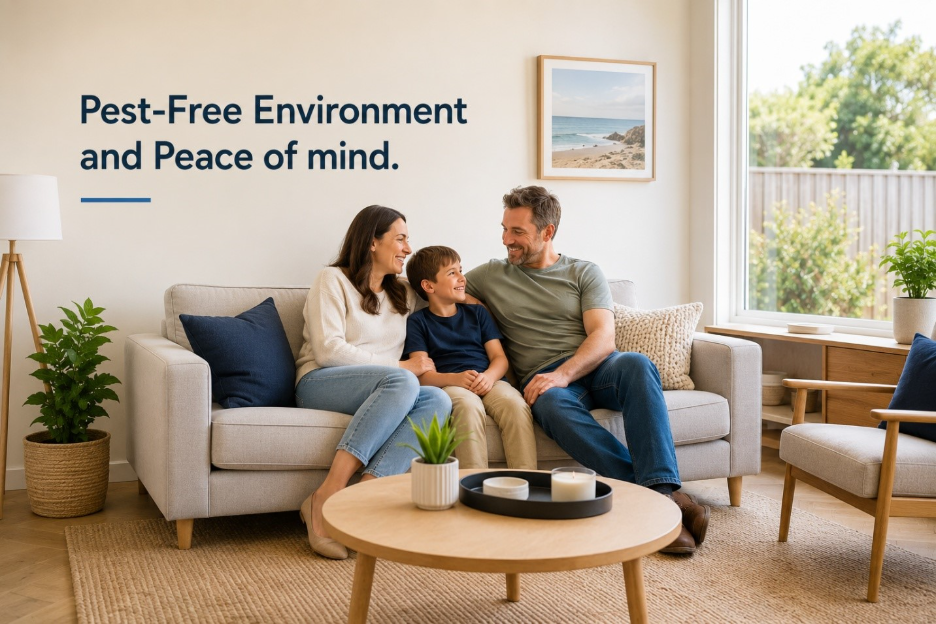 A family is sitting on the sofa in a pest-free environment  