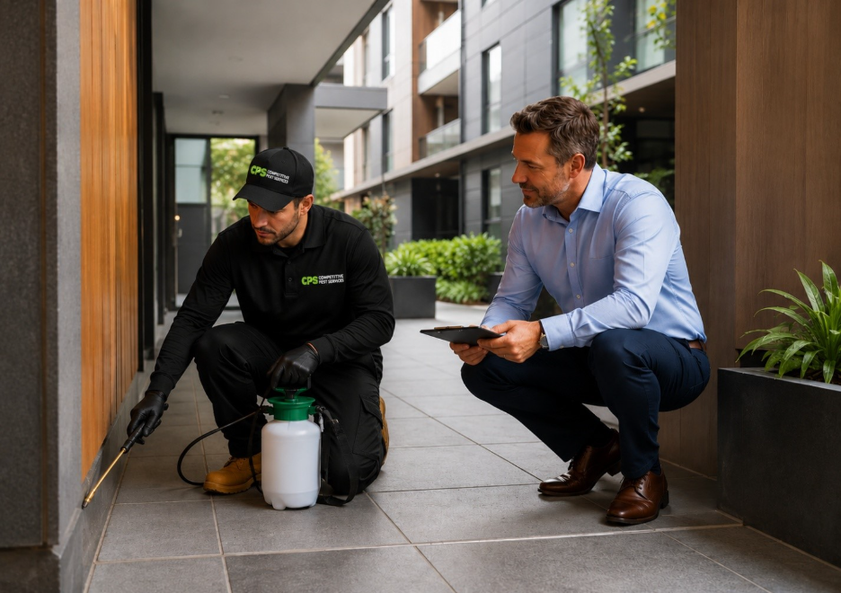 Pest technician and Strata manager are cooperating during the pest control process.  