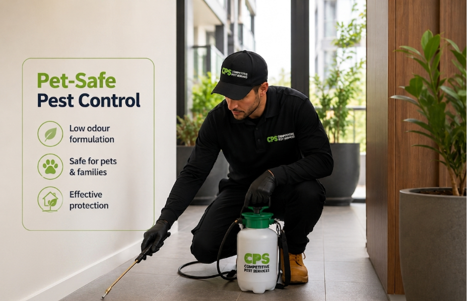 Pest technician using a Pet-friendly pest control product in the residential areas.  
