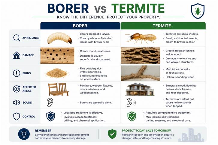 infographic image of borer and termite’s distinct features and behavioral feeding on wood-like materials.