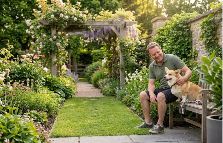 Pet owner is sitting on the bench while a happy corgi is sitting beside him.  