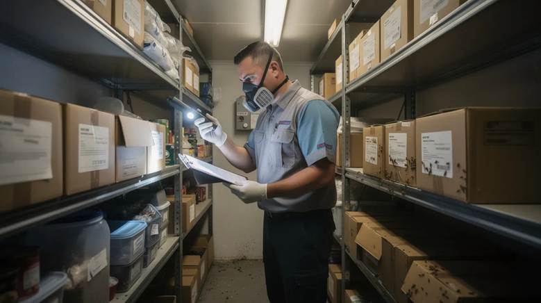  A pest technician is inspecting a storage room for signs of beetle activity.