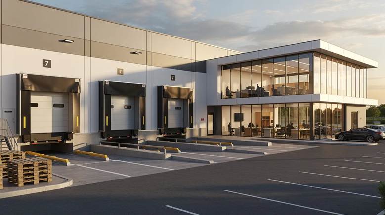  The image depicts a warehouse loading dock adjacent to a modern office area.