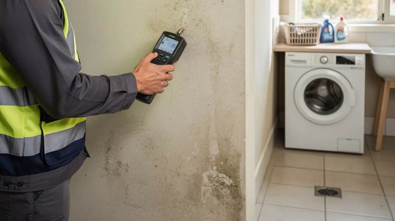 A technician is inspecting a damp wall in an Australian home using a handheld moisture meter.