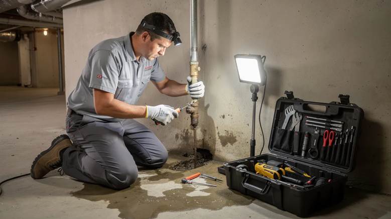  Pest technician repairing the drainage water leakage in the basement.