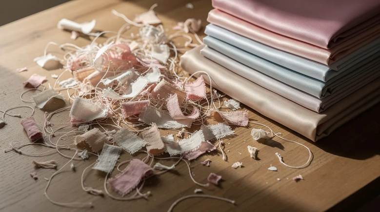 The image shows a neatly organized table with fabric debris and silk