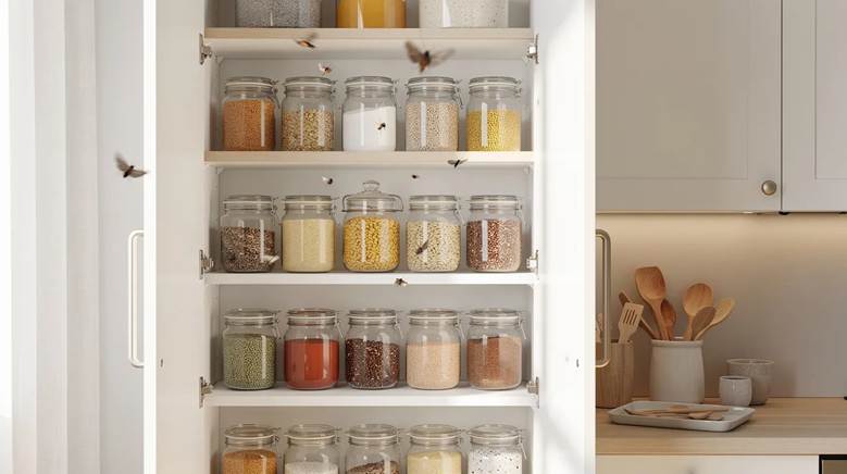  The image shows pantry moths, including adult moths and webbing clothes moth larvae, flying around stored food items in a storage area.