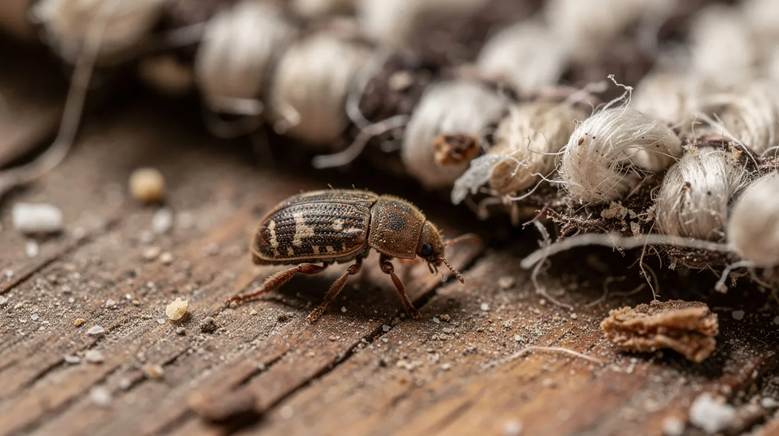 The image depicts a carpet beetle resting on a carpet.