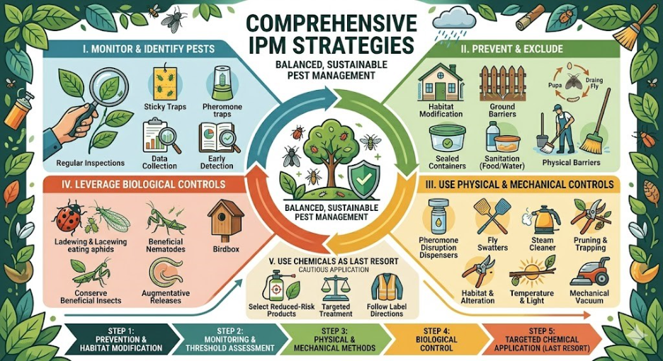 Sustainable IPM strategies infographic using different methods.  