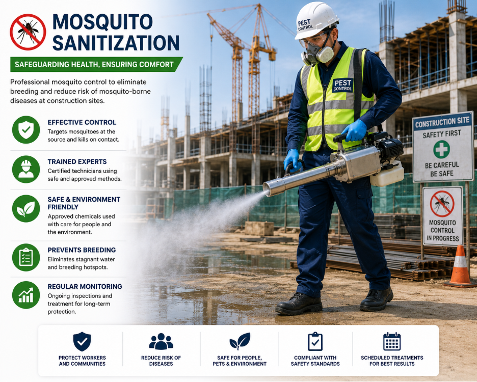 infographic of a pest technician sanitizing the construction site using the professional-grade mosquito repellent sprayer.  
