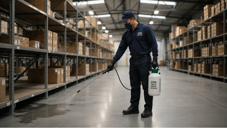 A technician is sanitizing inside the warehouse.