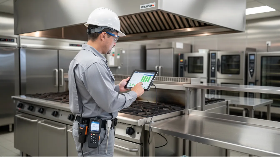 A professional technician is inspecting a commercial kitchen using monitoring equipment