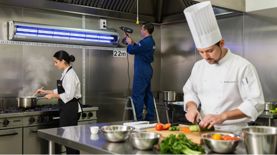 In a commercial kitchen, a technician is installing ultraviolet fly zappers two meters away from food preparation areas