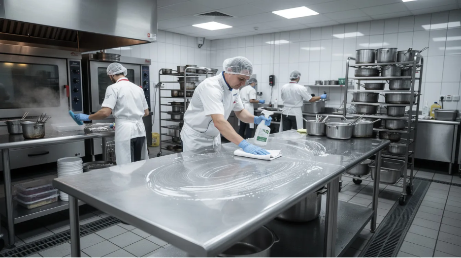 In a commercial kitchen, staff members are diligently cleaning stainless steel benches to maintain a pest-free environment
