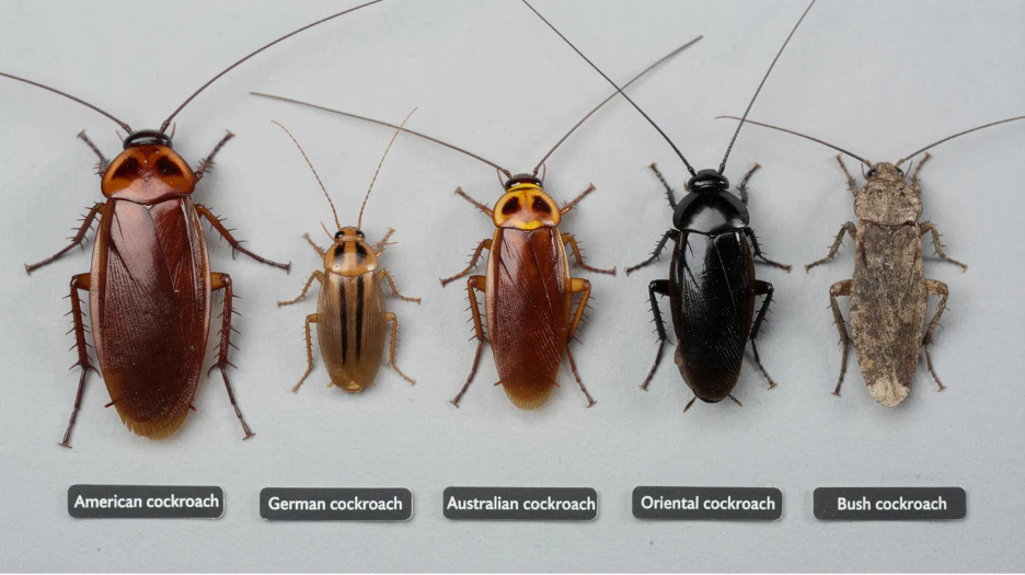 The image showcases various cockroach species including the American, German, Australian, Oriental, and Bush cockroaches 