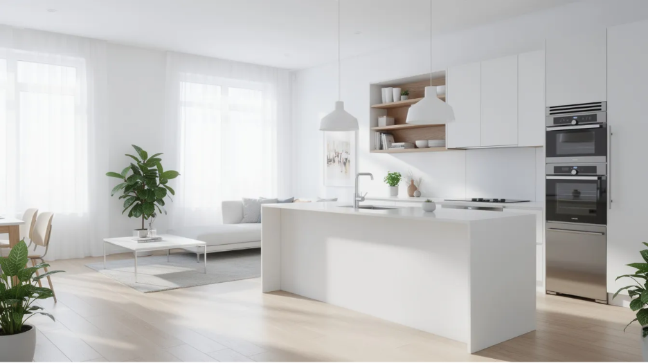 The image depicts a clean and hygienic apartment 