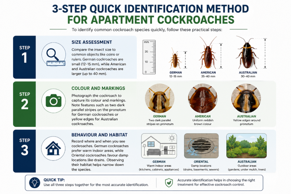 Infographic image of 3-Step Quick Identification methods for apartment cockroaches  