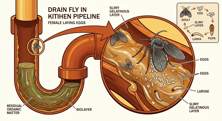 Females lay eggs in the drains in the reproduction stage, where a slimy gelatinous layer is loaded with residual organic matter.