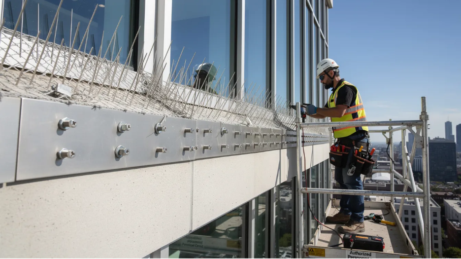 The image depicts a bird-proof installation with bird spikes  