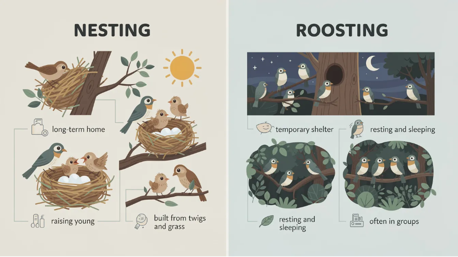 The infographic illustrates various bird species and their nesting and roosting behaviors 