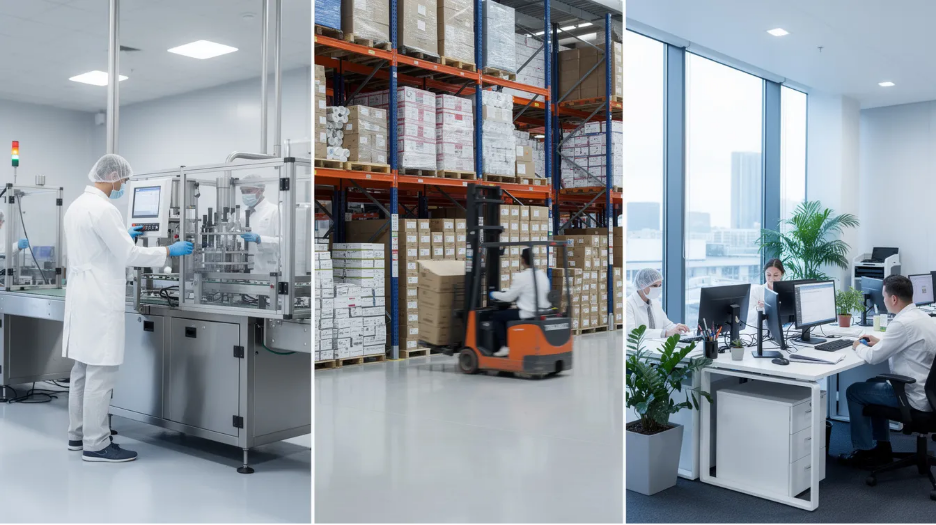 The image is a collage showcasing a clean and hygienic environment within food manufacturing, a warehouse, and an office setting.