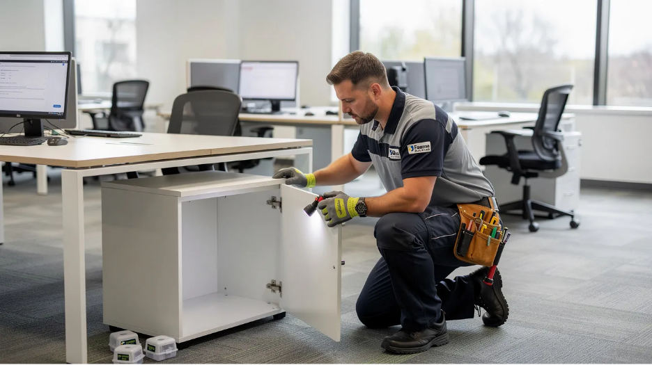 A pest technician is conducting a thorough inspection of a commercial office space 