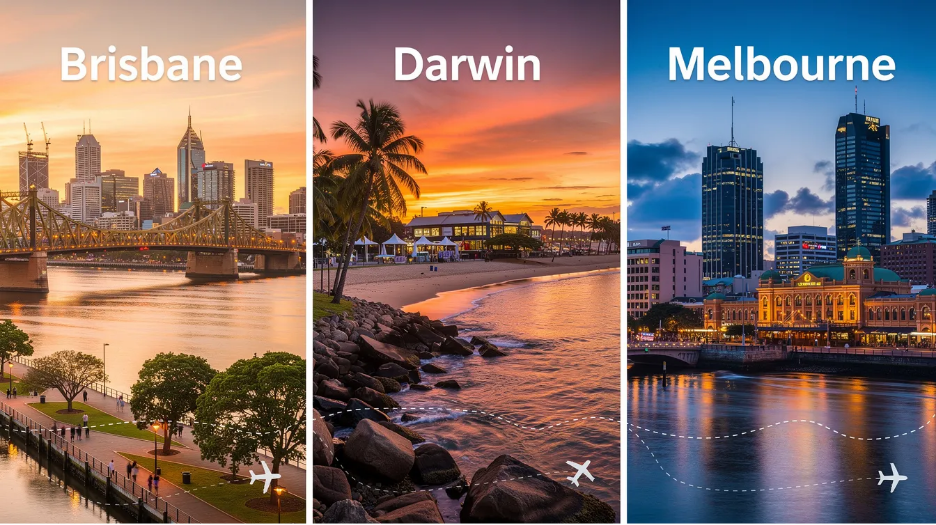 The collage features iconic landmarks from Brisbane, Darwin, and Melbourne 
