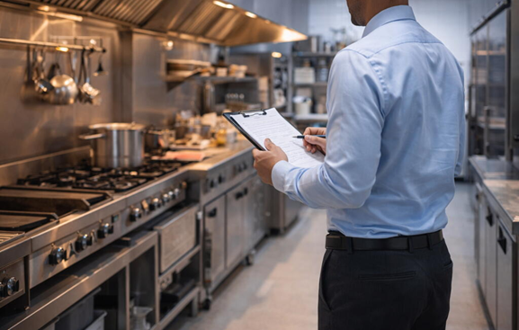 authorized officer inspecting commercial kitchen 