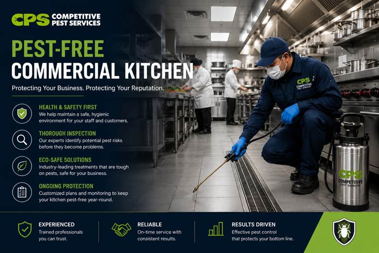Pest control technician treating a commercial kitchen to maintain a pest-free environment. Clean and hygienic kitchen with chefs working, promoting safe food preparation, and professional pest management services